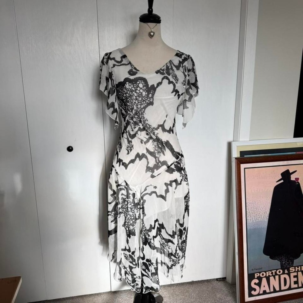 y2k black white abstract floral print midi dress ruffle sleeves asymmetrical hem - Picture 3 of 8